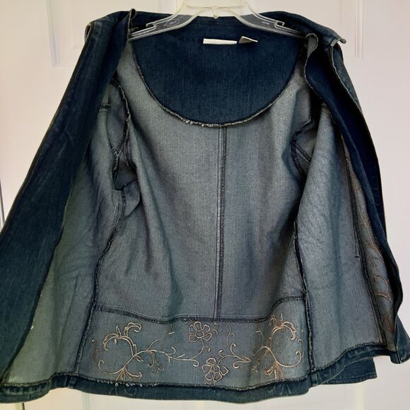 Tantrums Denim Jacket L Full Zip Pink Embroidery Studded Fitted Point Hem Blazer - Picture 5 of 9